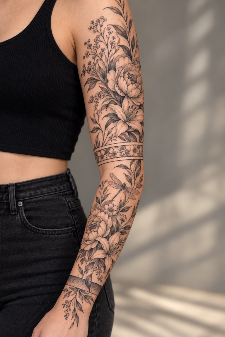 floral tattoo sleeve and cuff ideas