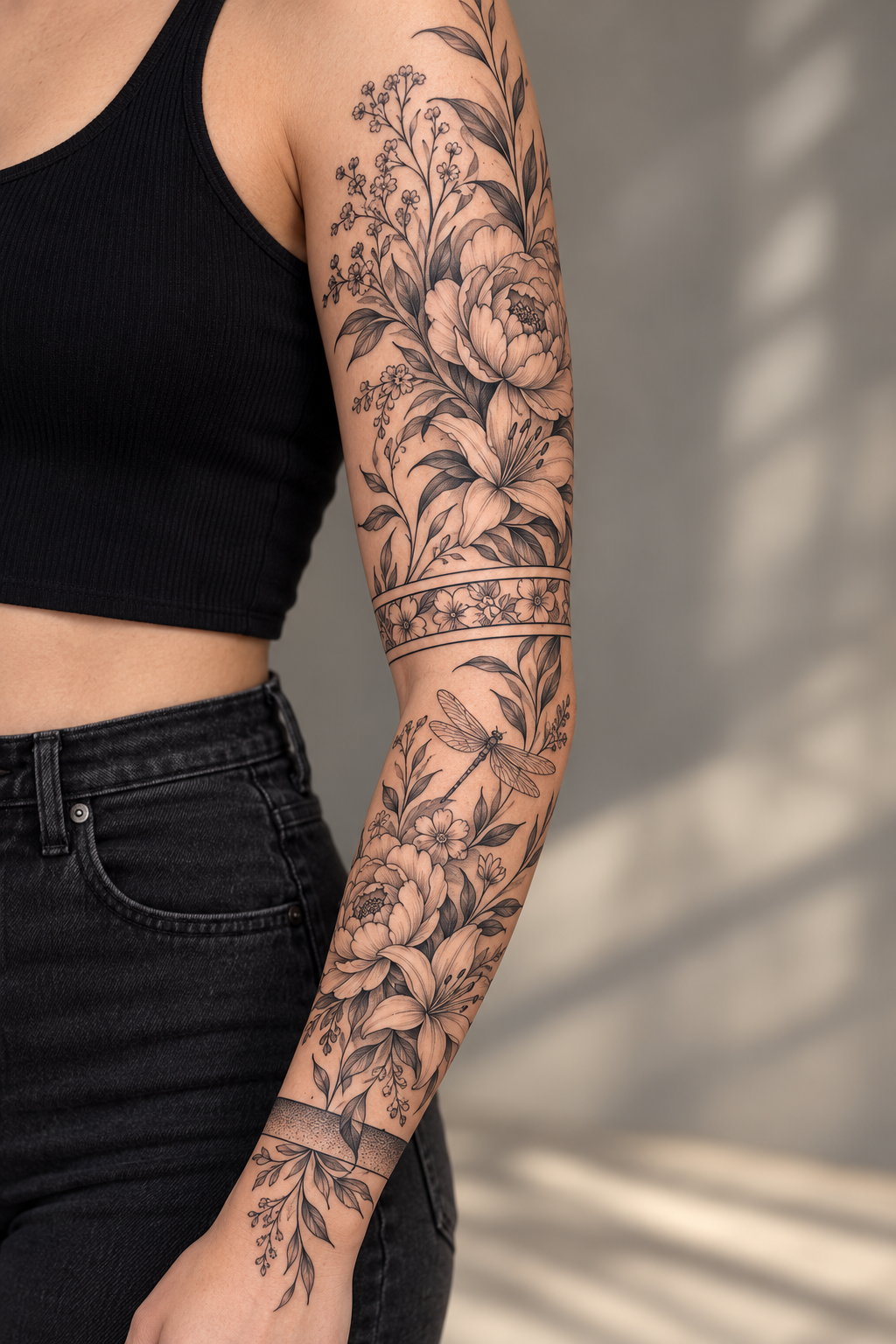floral tattoo sleeve and cuff ideas