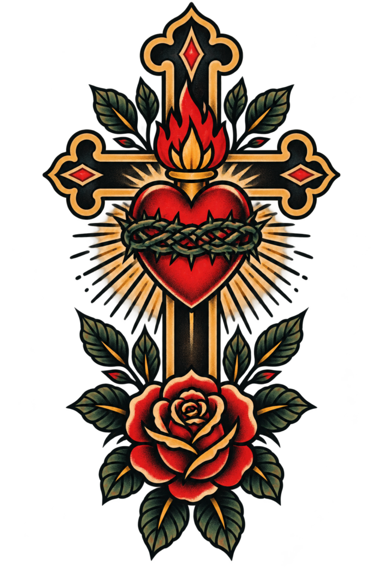 bold Christian tattoos for men featured cross and sacred heart concept