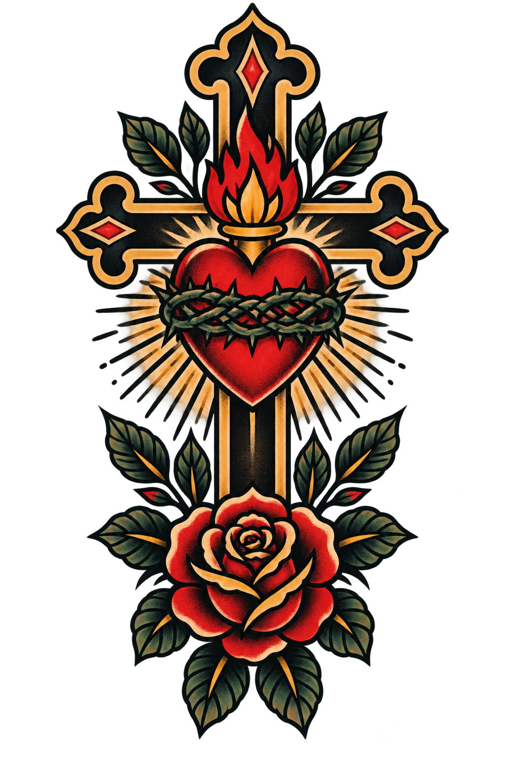 bold Christian tattoos for men featured cross and sacred heart concept
