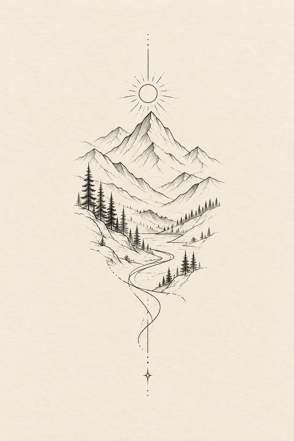 Fine-line mountain scenes small tattoos for women illustration