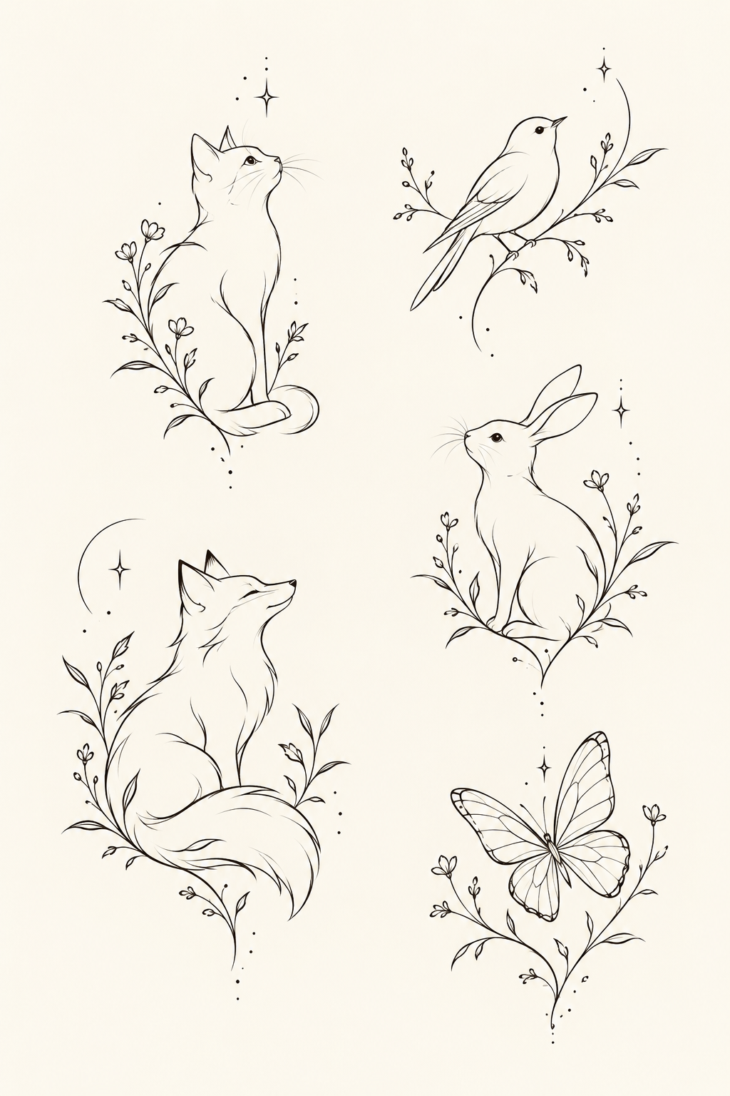 Petite animal outlines small tattoos for women illustration