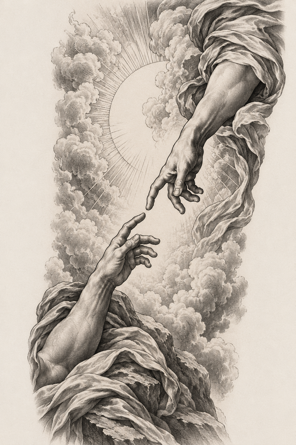 Creation of Adam on the forearm engraving inspired biblical tattoos concept