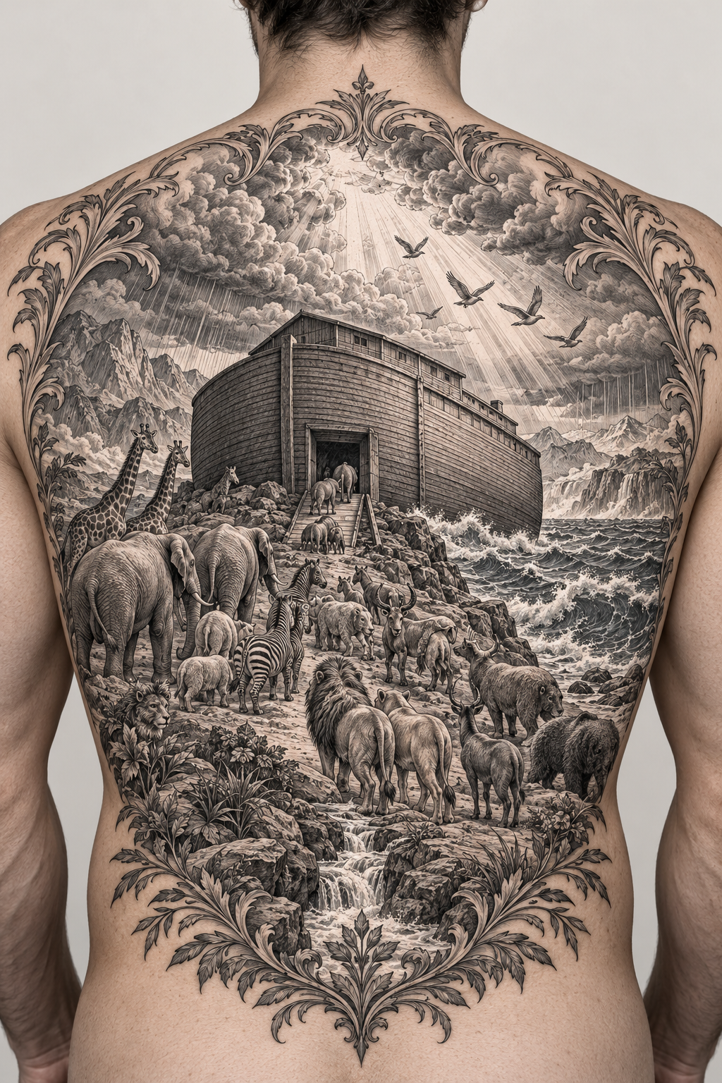 Noah’s Ark across the back engraving inspired biblical tattoos concept
