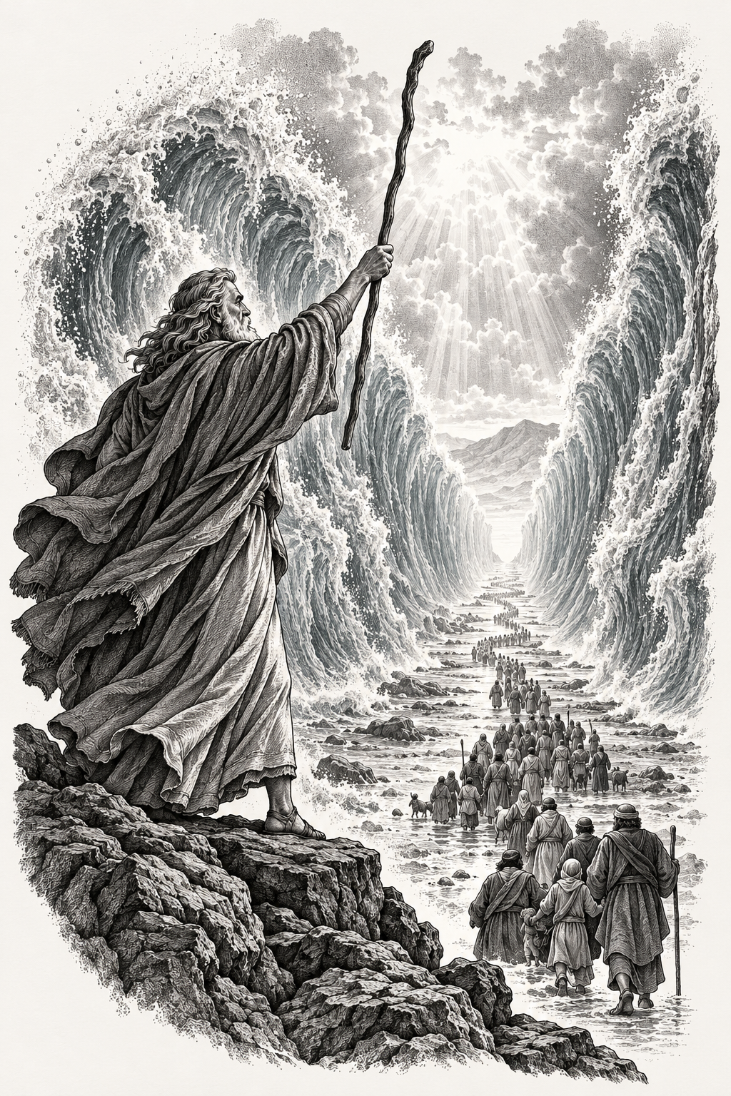 Moses Parting the Sea on the side engraving inspired biblical tattoos concept