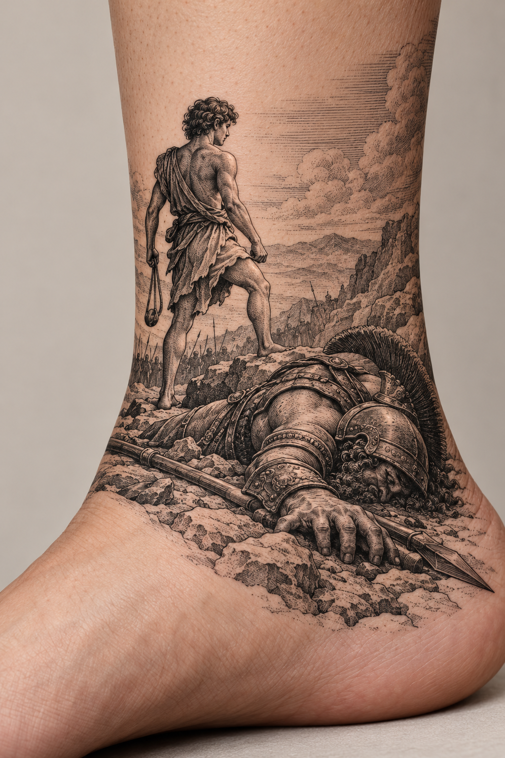 David and Goliath on the ankle engraving inspired biblical tattoos concept