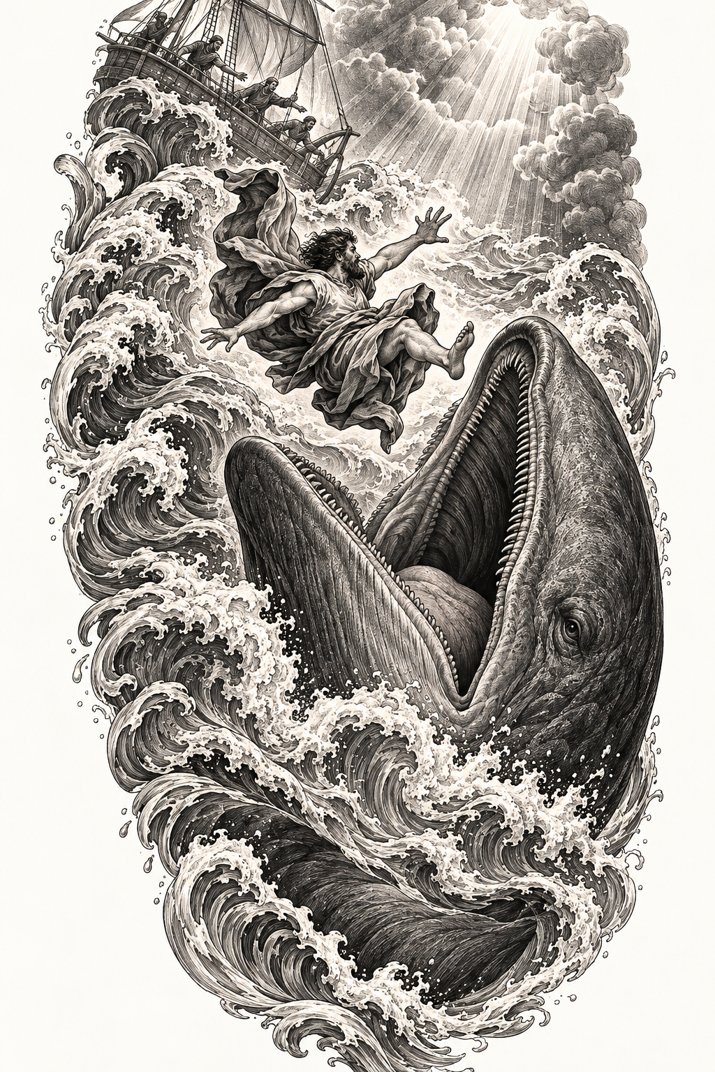 Jonah and the Whale on the thigh engraving inspired biblical tattoos concept