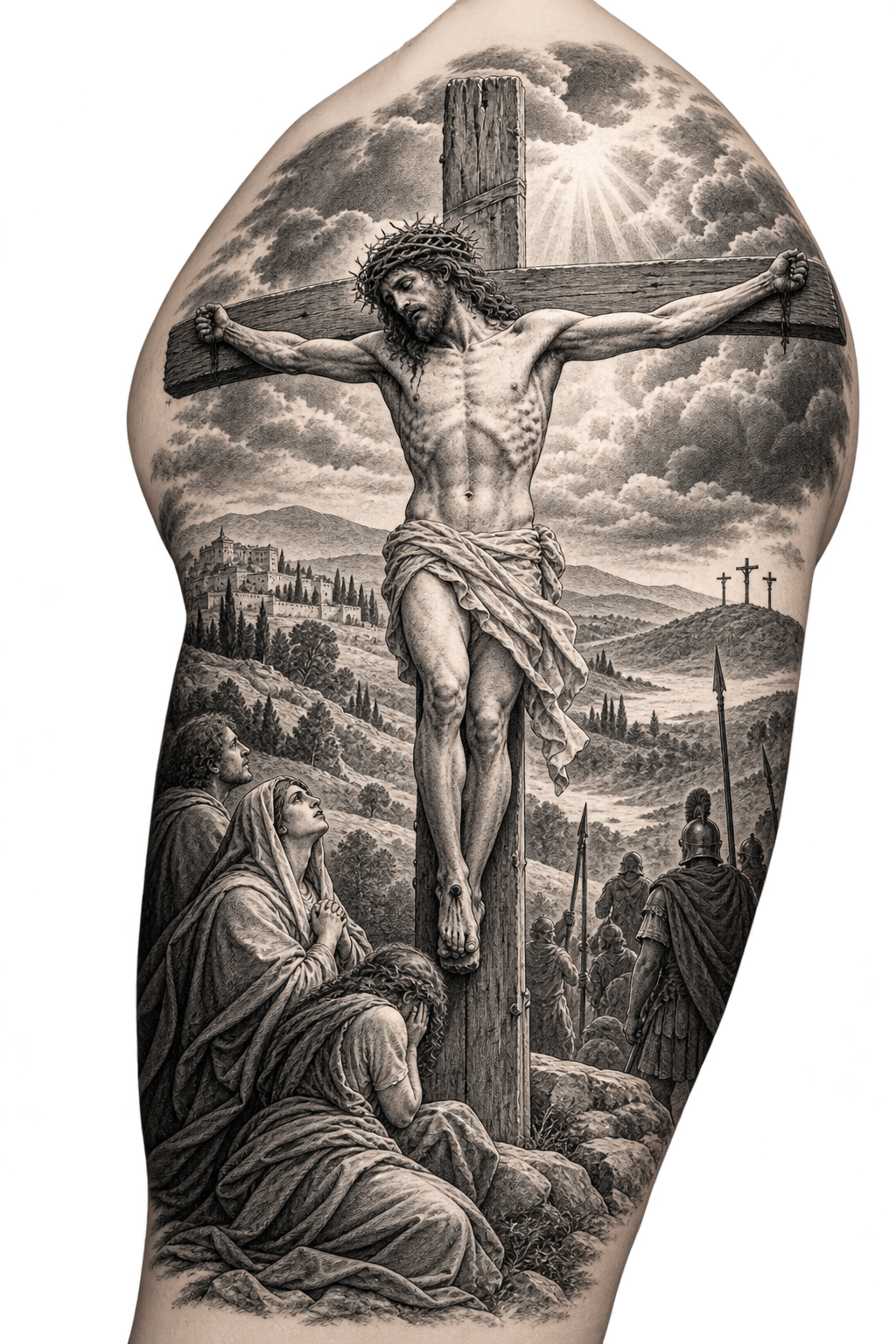 Crucifixion Scene across the shoulder engraving inspired biblical tattoos concept