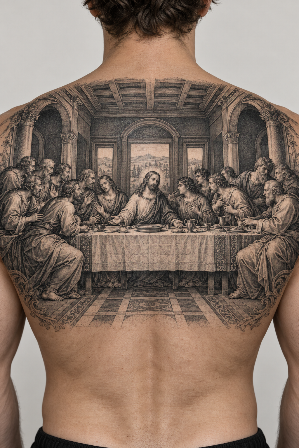 The Last Supper across the upper back engraving inspired biblical tattoos concept