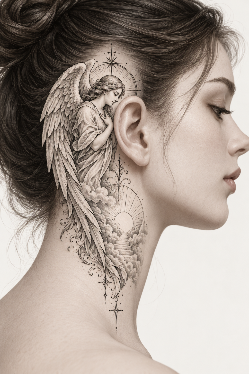 Fine-Line Angel behind the ear engraving inspired biblical tattoos concept