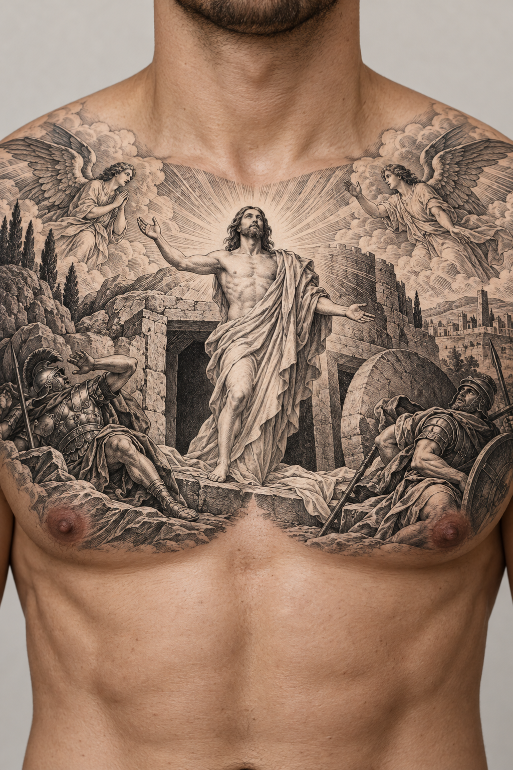 Resurrection Scene across the chest engraving inspired biblical tattoos concept