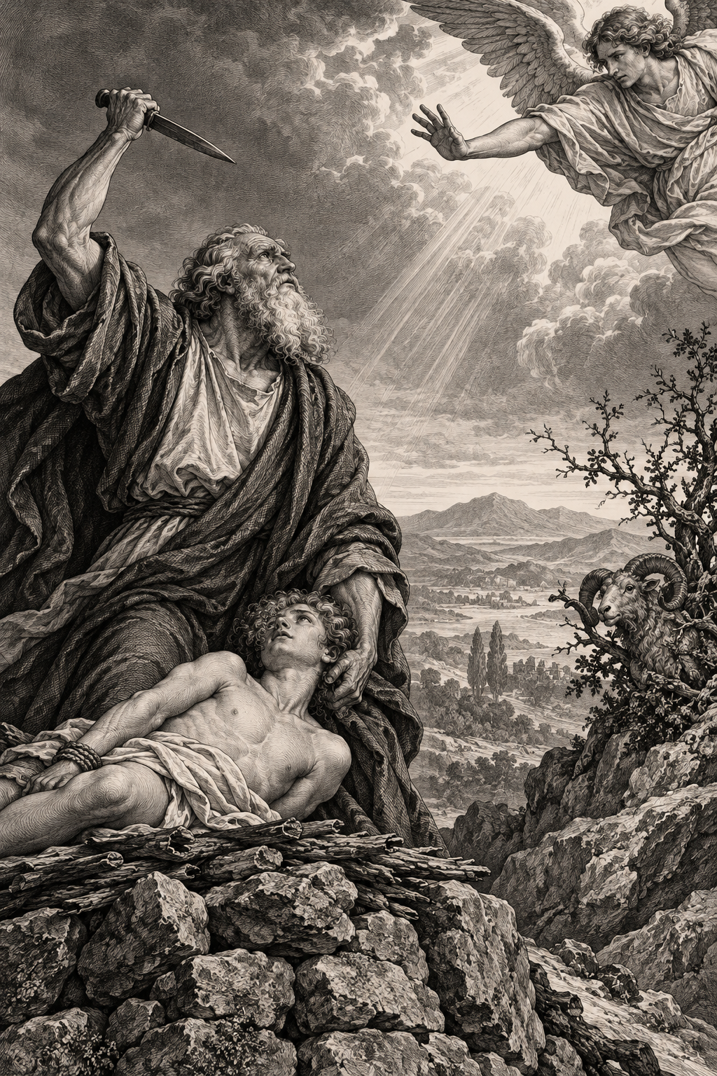 Abraham and Isaac on the side engraving inspired biblical tattoos concept