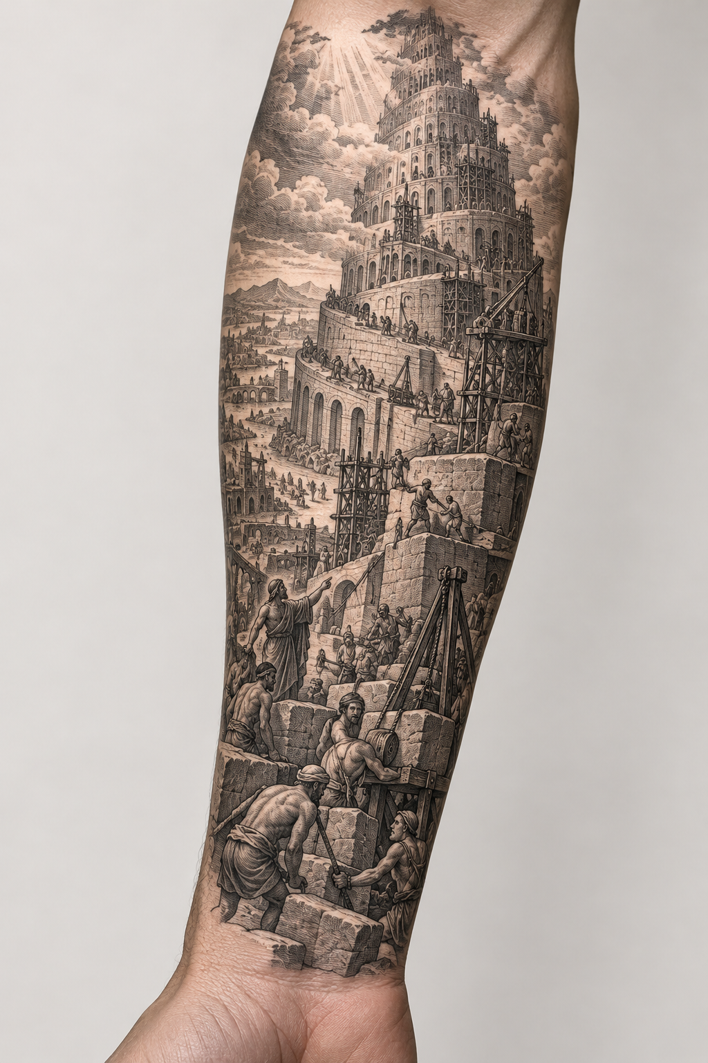 Tower of Babel down the forearm engraving inspired biblical tattoos concept