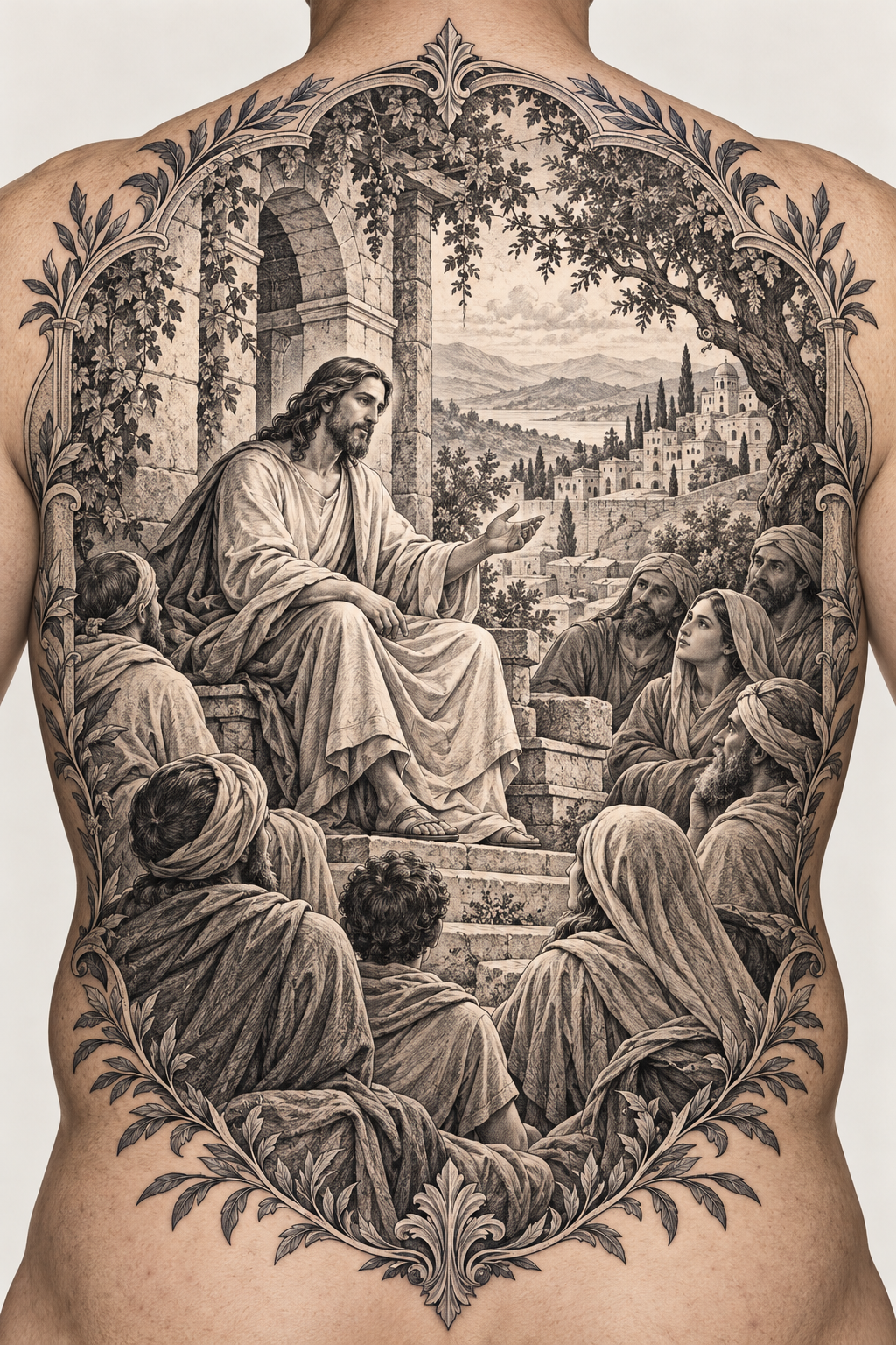 Teaching Scene across the back engraving inspired biblical tattoos concept