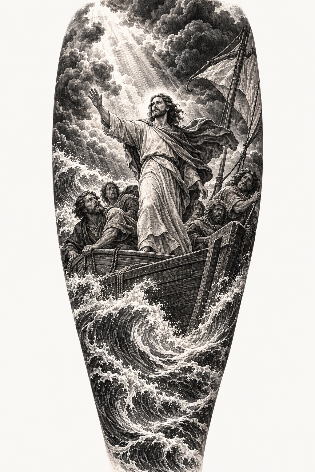 Jesus Calming the Storm on the calf engraving inspired biblical tattoos concept