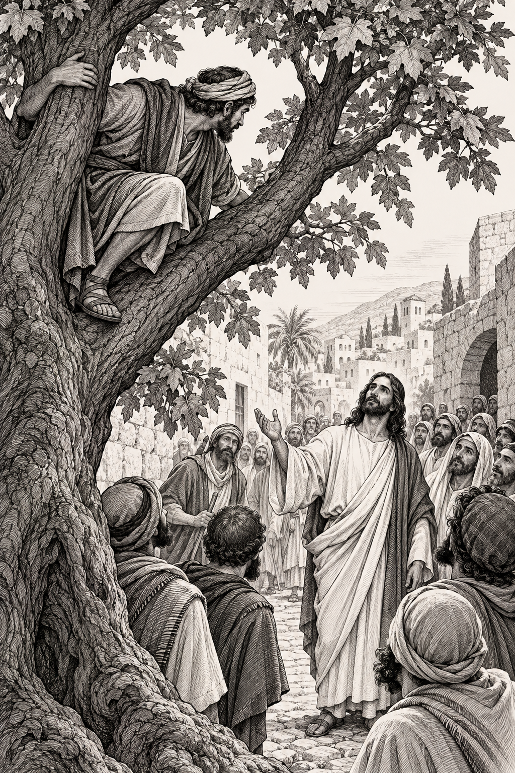Zacchaeus in the tree on the side engraving inspired biblical tattoos concept
