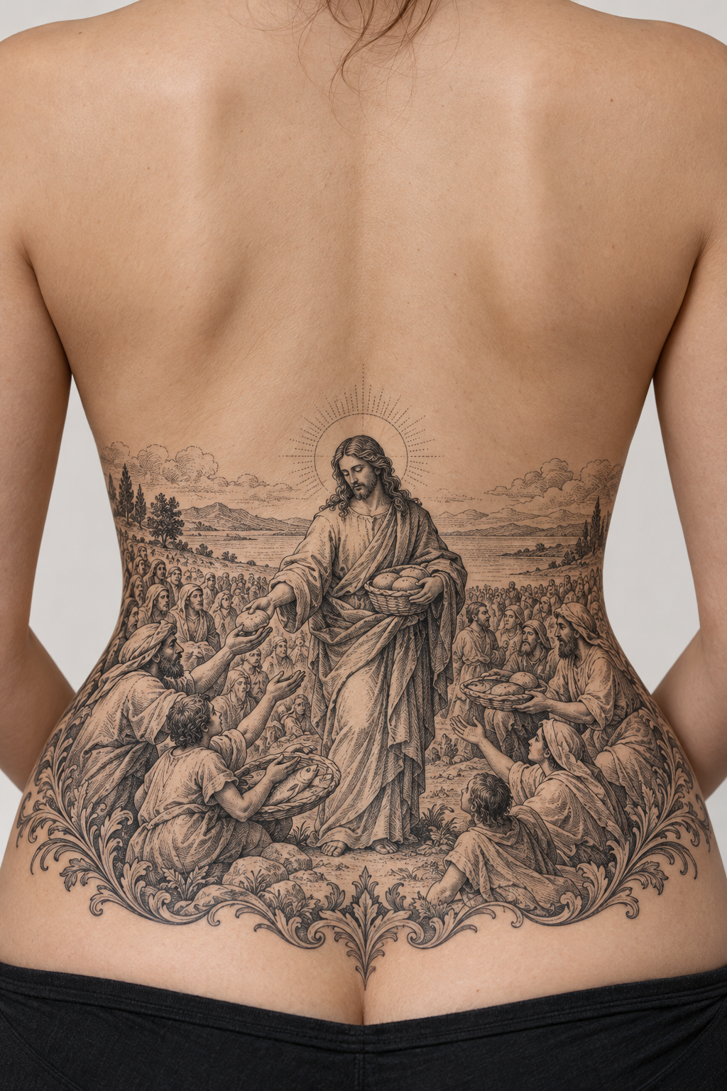 Feeding the Multitude across the lower back engraving inspired biblical tattoos concept