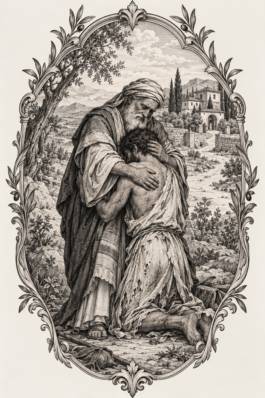 The Prodigal Son on the upper arm engraving inspired biblical tattoos concept