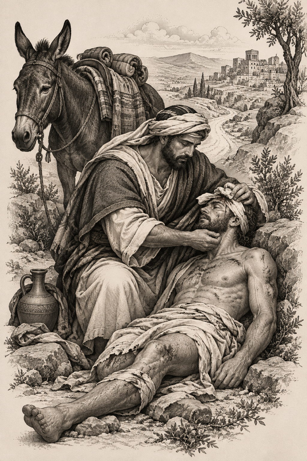 The Good Samaritan on the thigh engraving inspired biblical tattoos concept