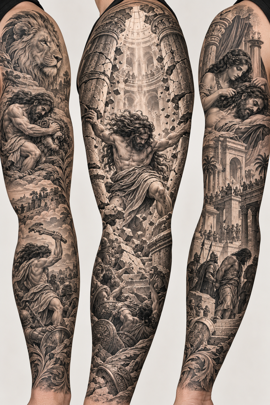 Samson Story as an arm sleeve engraving inspired biblical tattoos concept