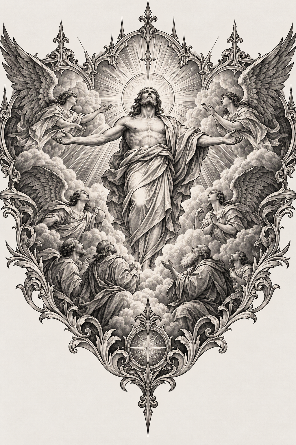 Ornate Biblical Scene on the chest engraving inspired biblical tattoos concept
