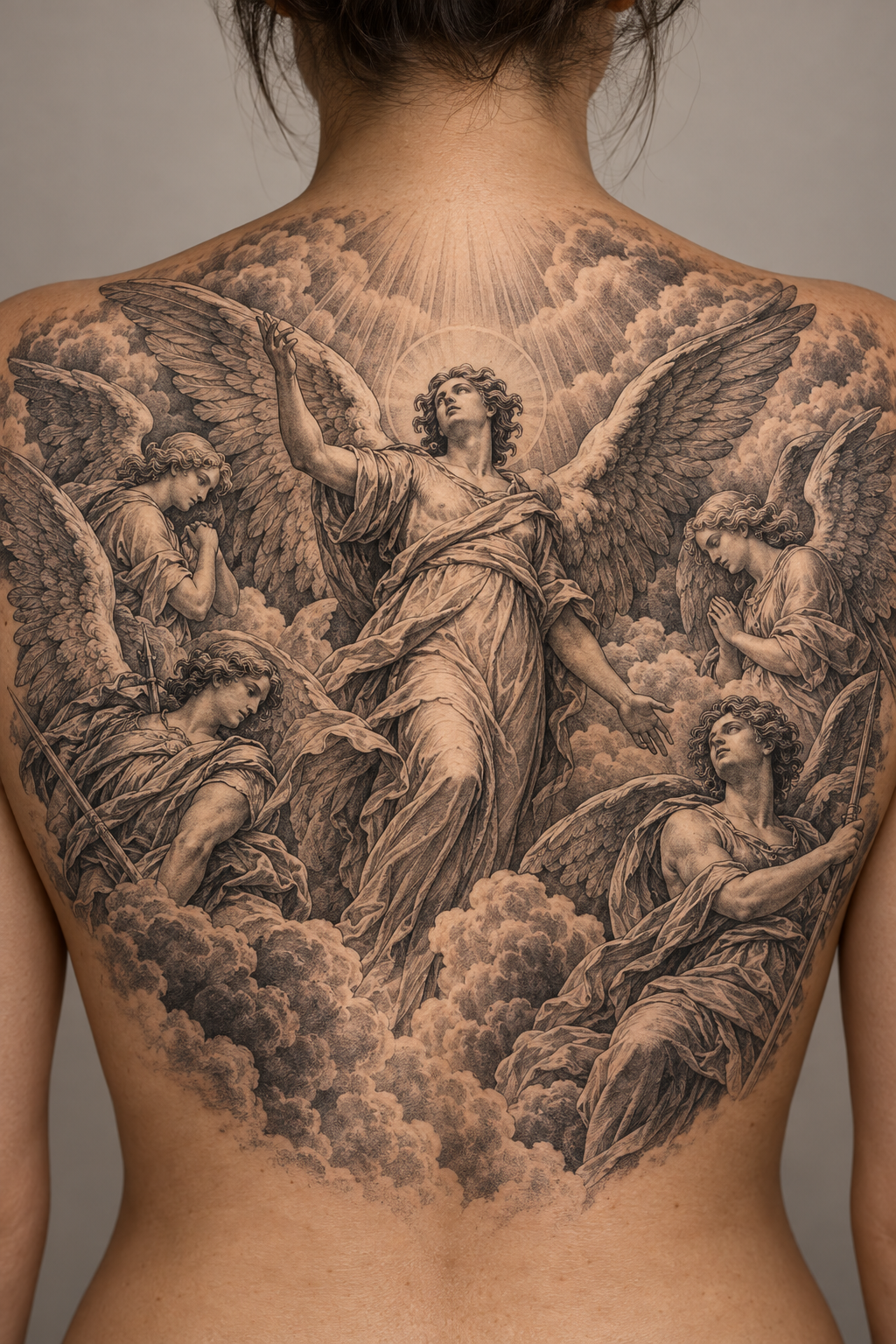 Angels across the upper back engraving inspired biblical tattoos concept