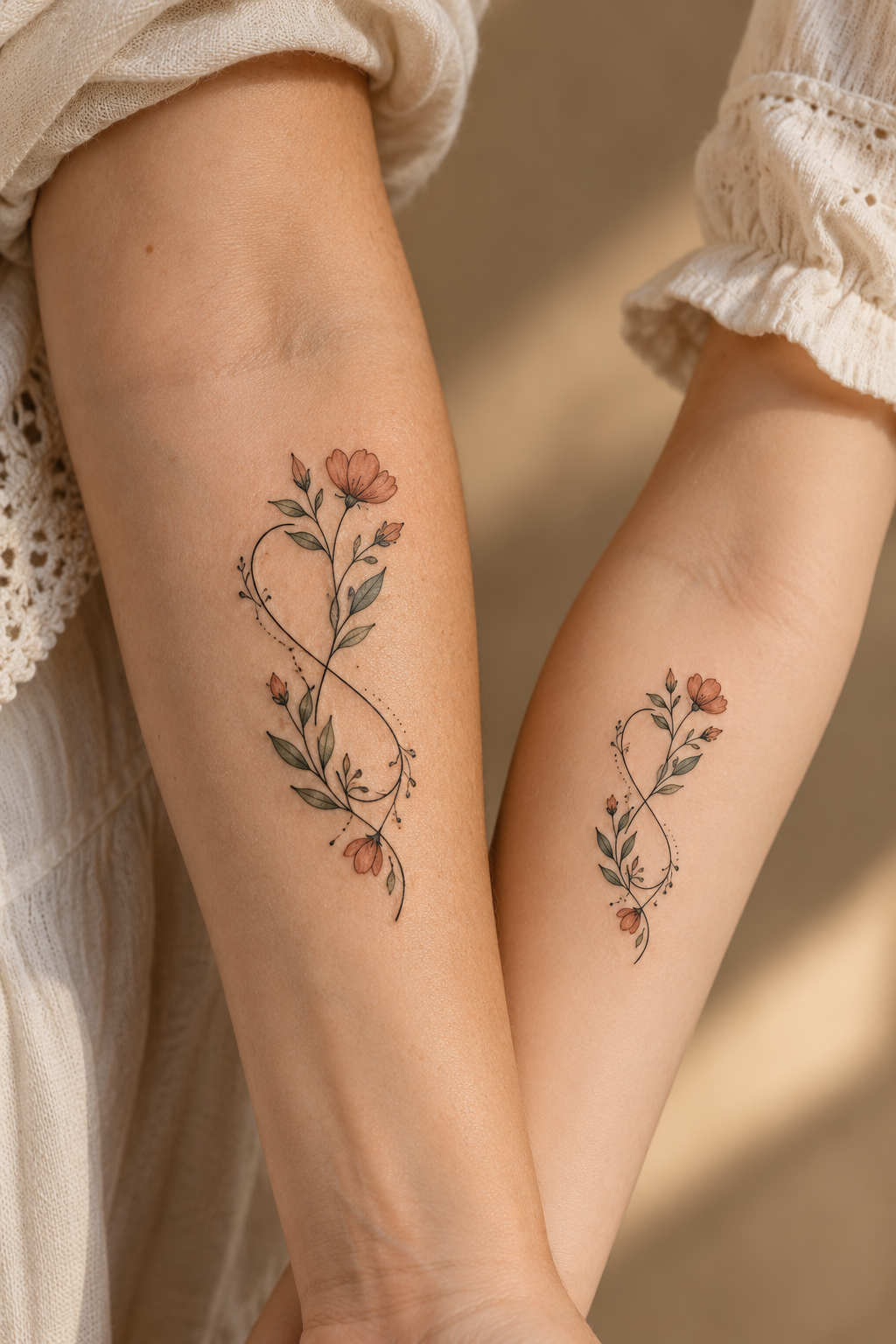 Mother and daughter forearm tattoo idea with fine-line figures and soft color