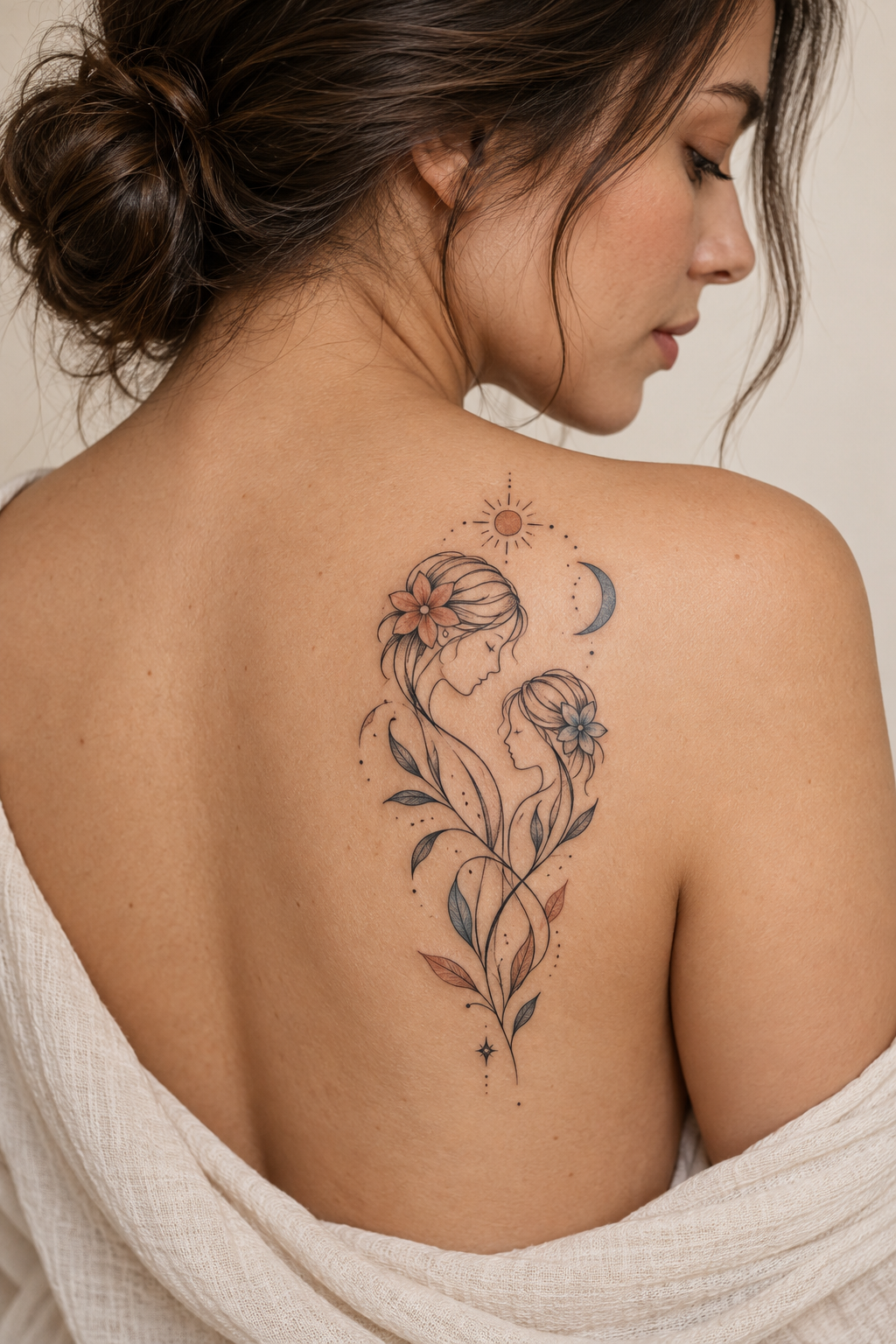 Watercolor flower mother and daughter tattoo idea on the thigh