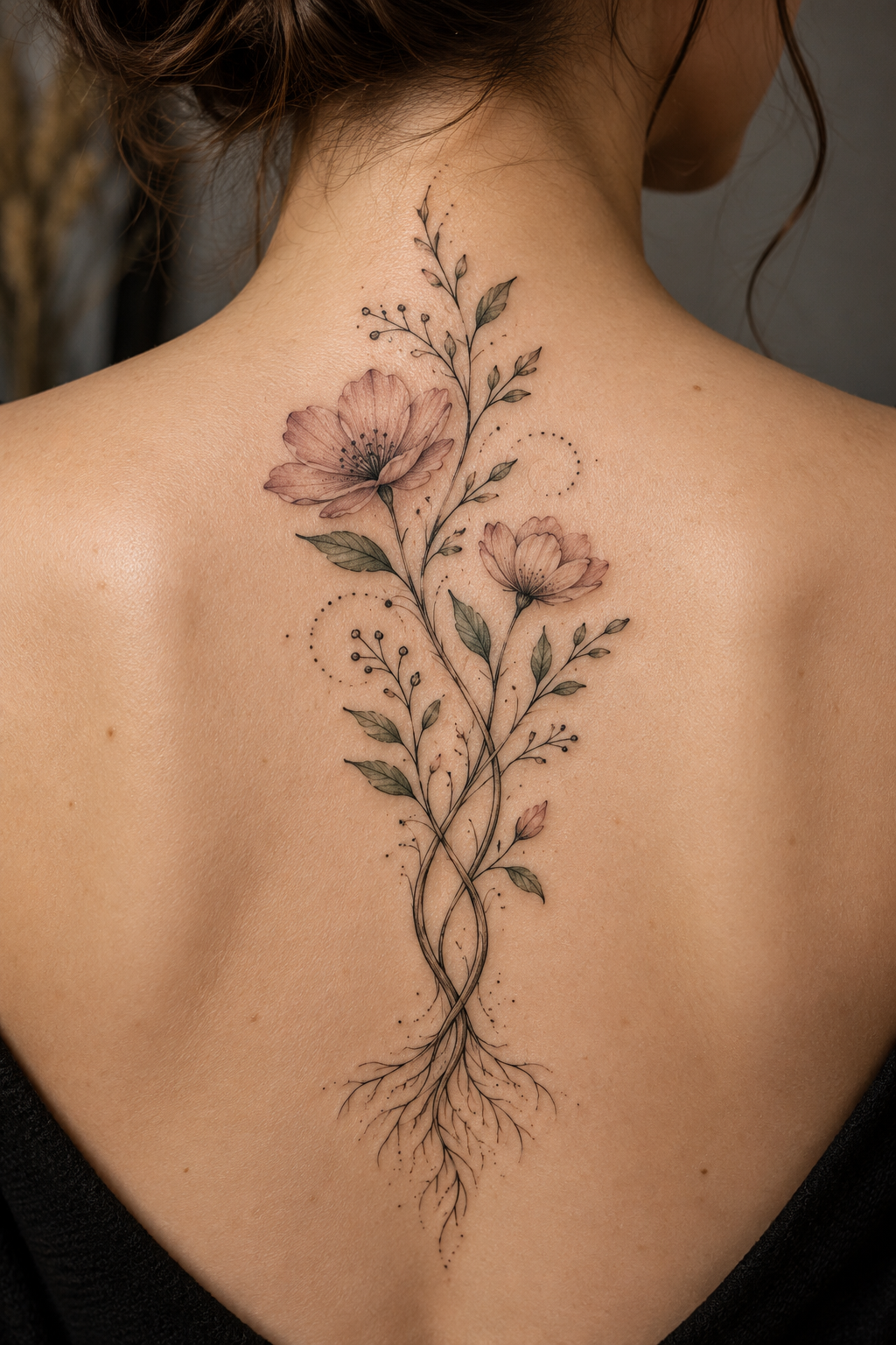 Mother and daughter portrait thigh tattoo idea with roses