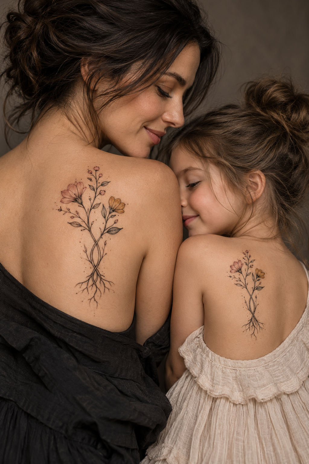 Fine-line mandala spine tattoo idea for mother and daughter
