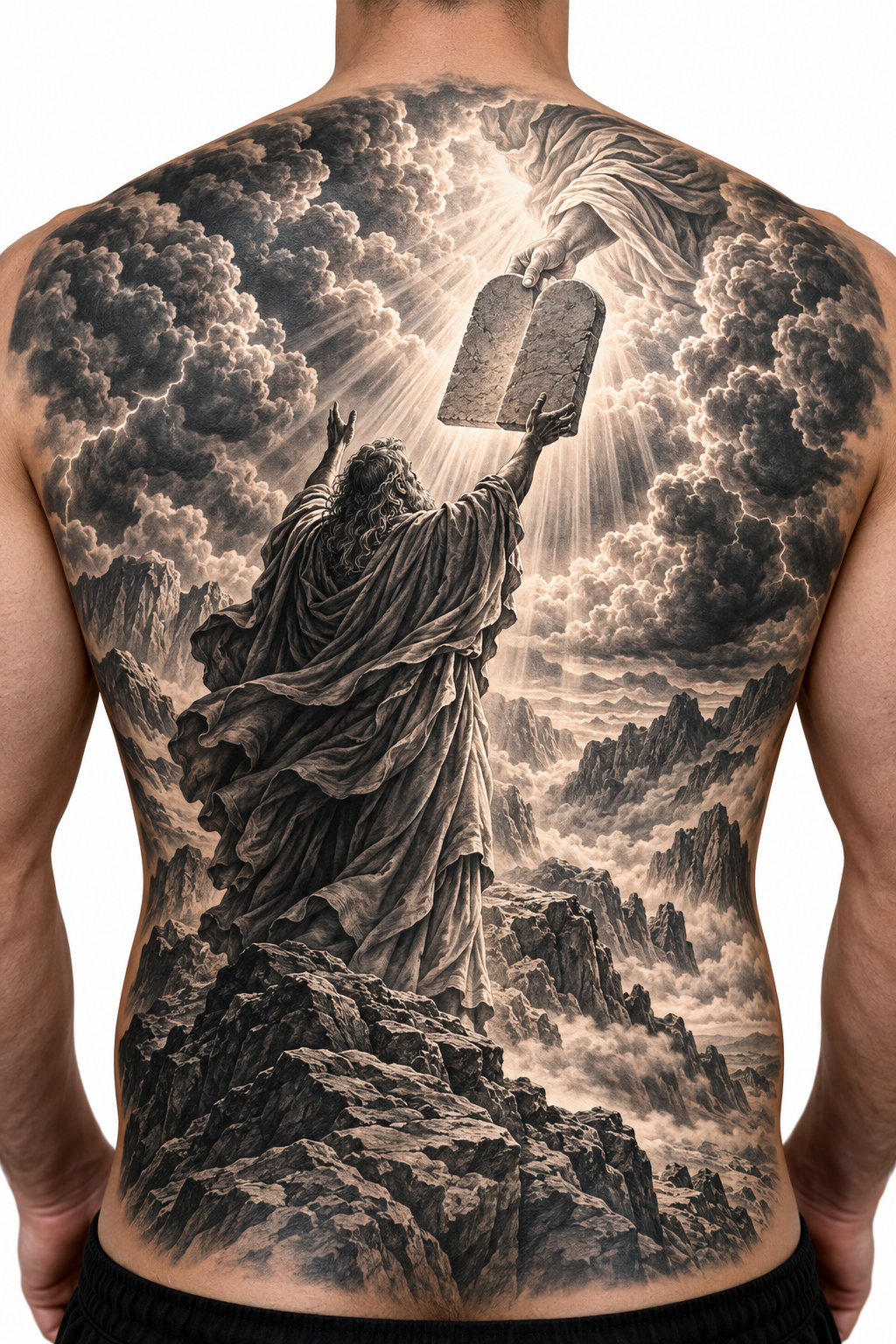 Red sea parting tattoo across the full back