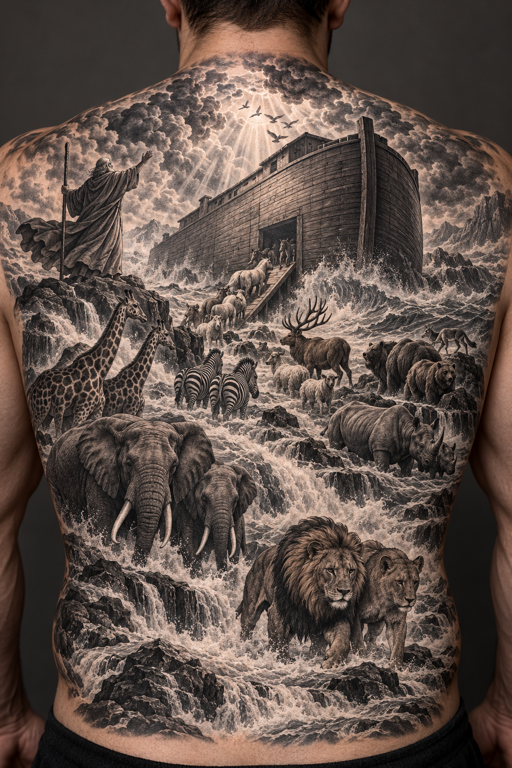 full back tattoo of moses receiving the ten commandments