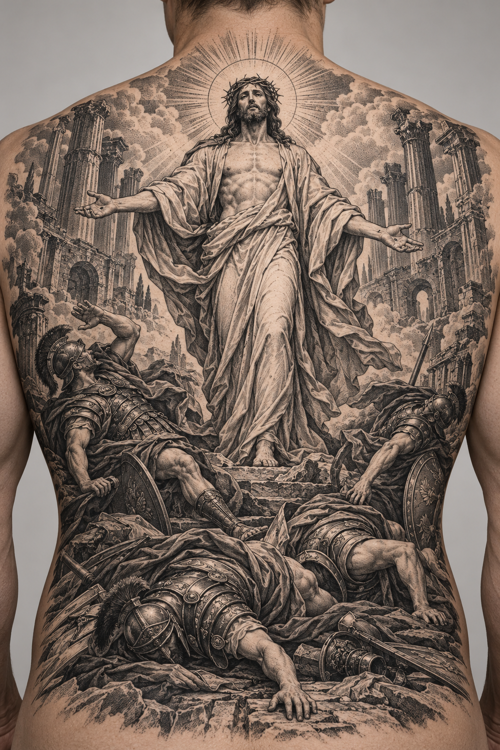 Full back tattoo of michael fighting demons