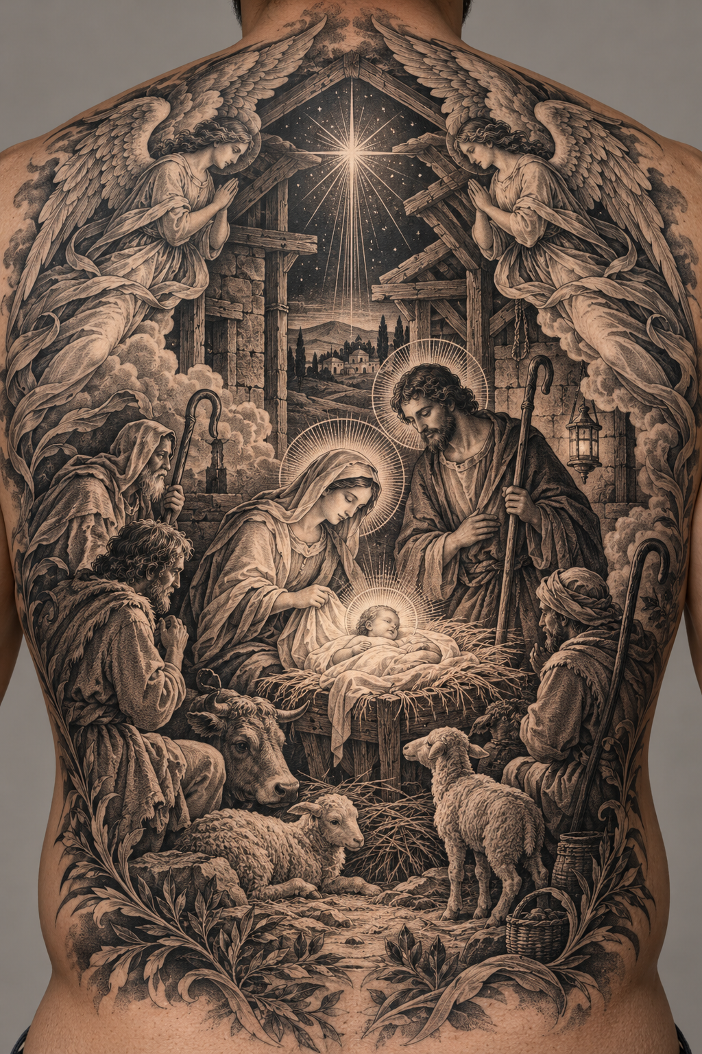 A full back tattoo of saint michael slaying the dragon