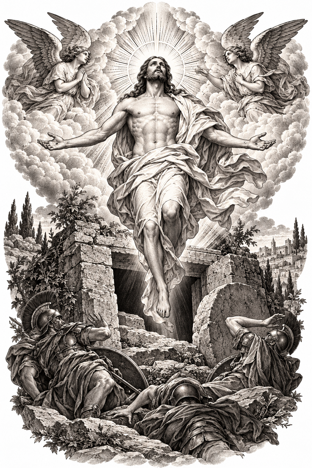 Full back tattoo of the pentecost scene