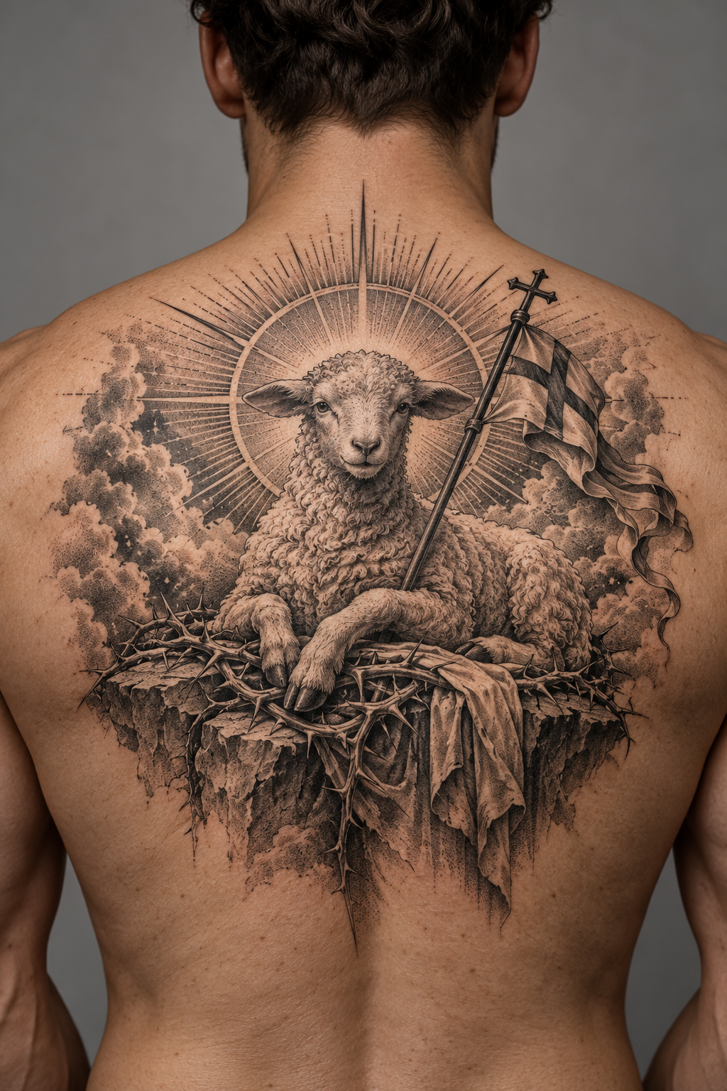 Full back tattoo of the walking on water scene