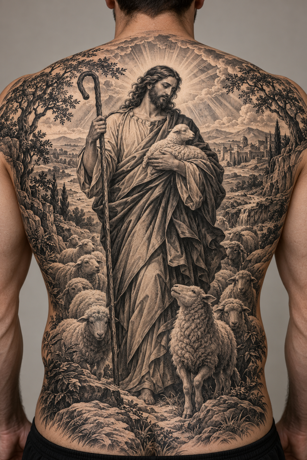Full back tattoo of a revelation scene