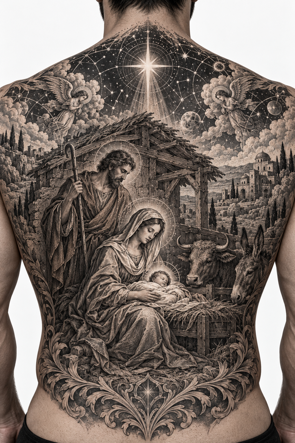 Full back tattoo of the good shepherd