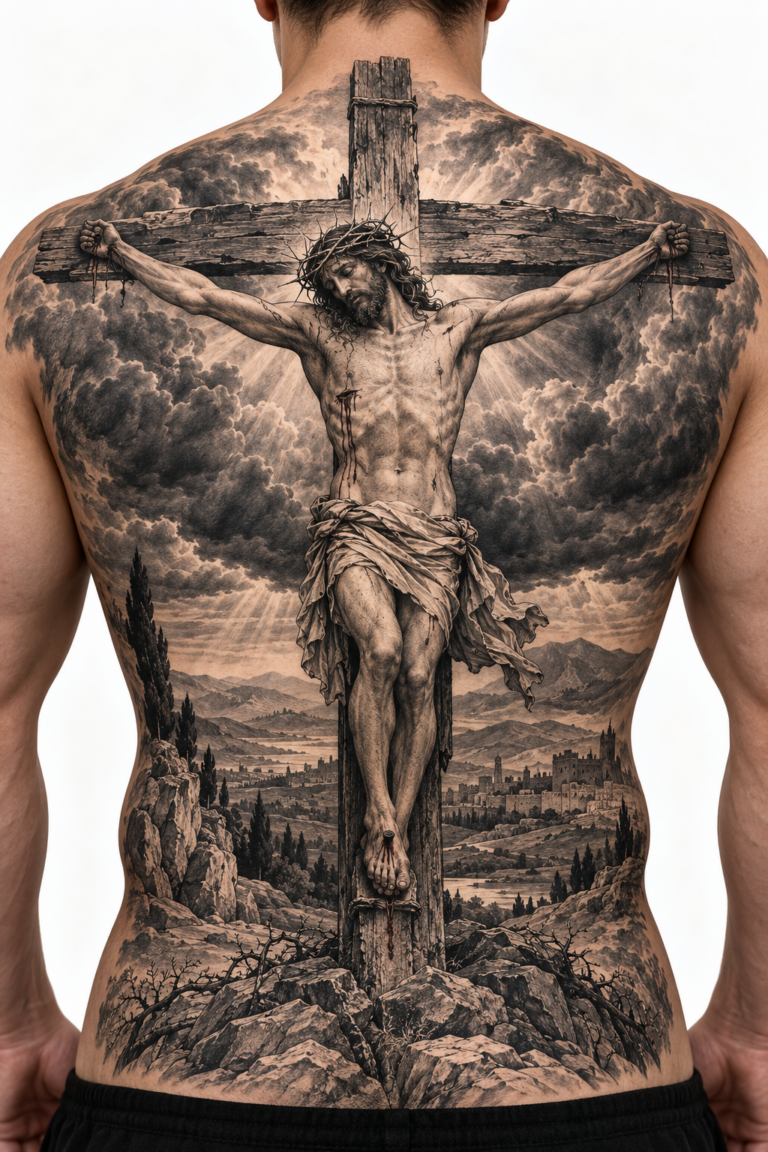 24 Rugged Christian Back Tattoos for Men Featuring Large Biblical Scenes