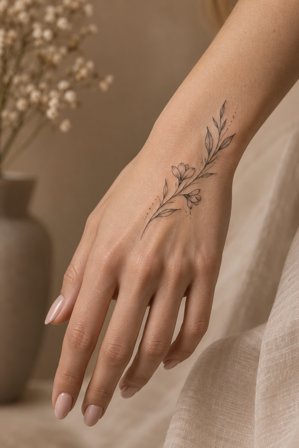 Delicate fine-line hand tattoo for women