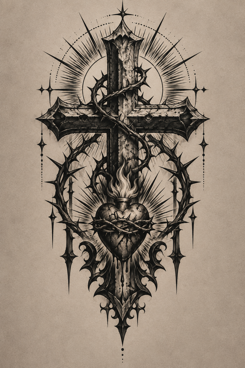 Flaming Cross blackwork Christian tattoo idea