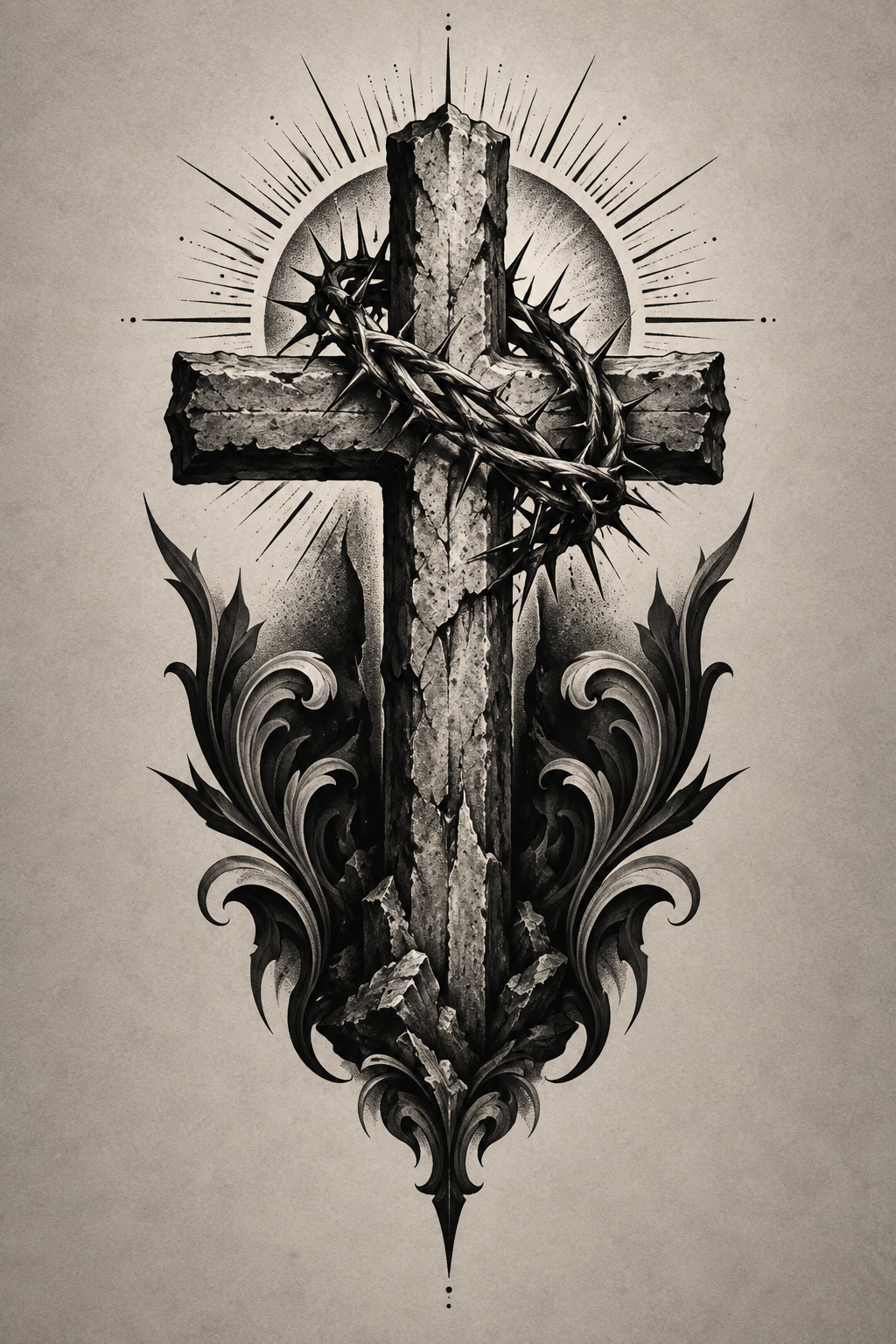 Cross Sleeve Composition blackwork Christian tattoo idea
