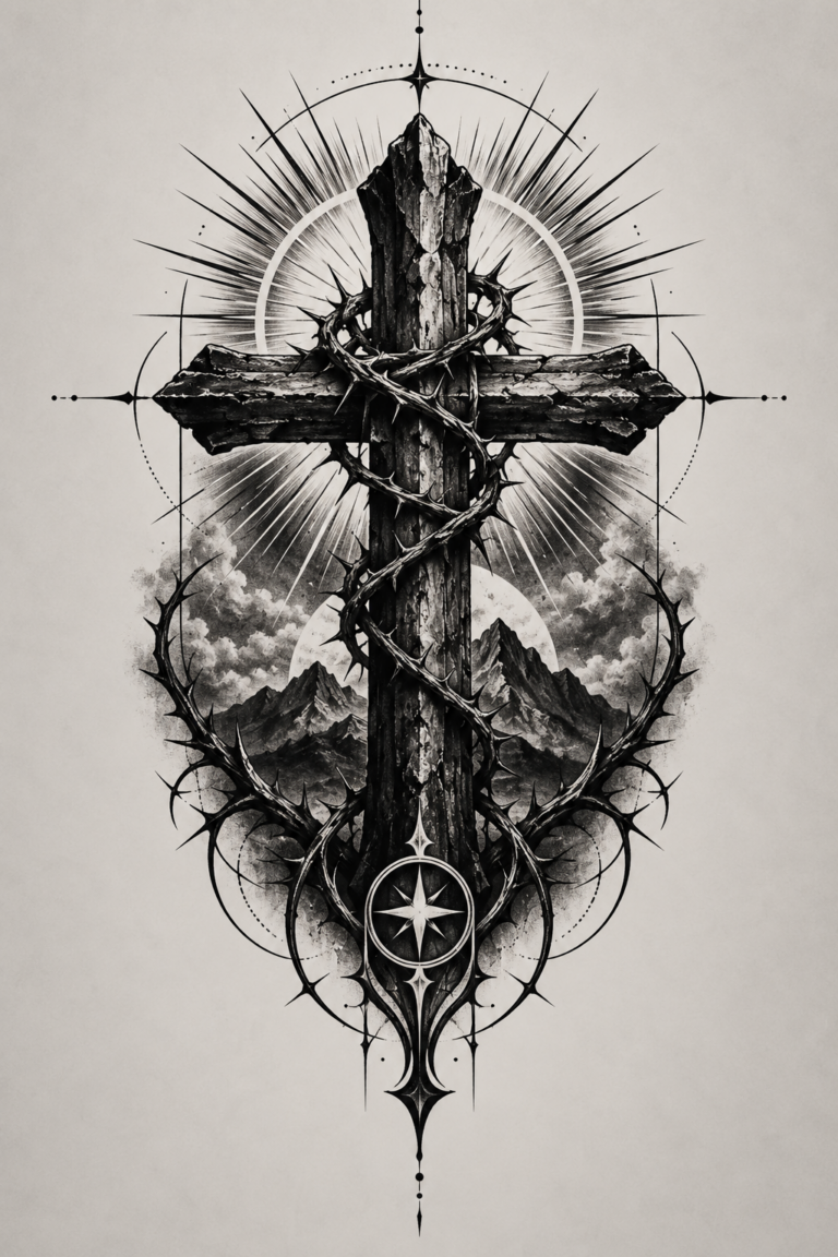 dramatic blackwork Christian tattoos for men