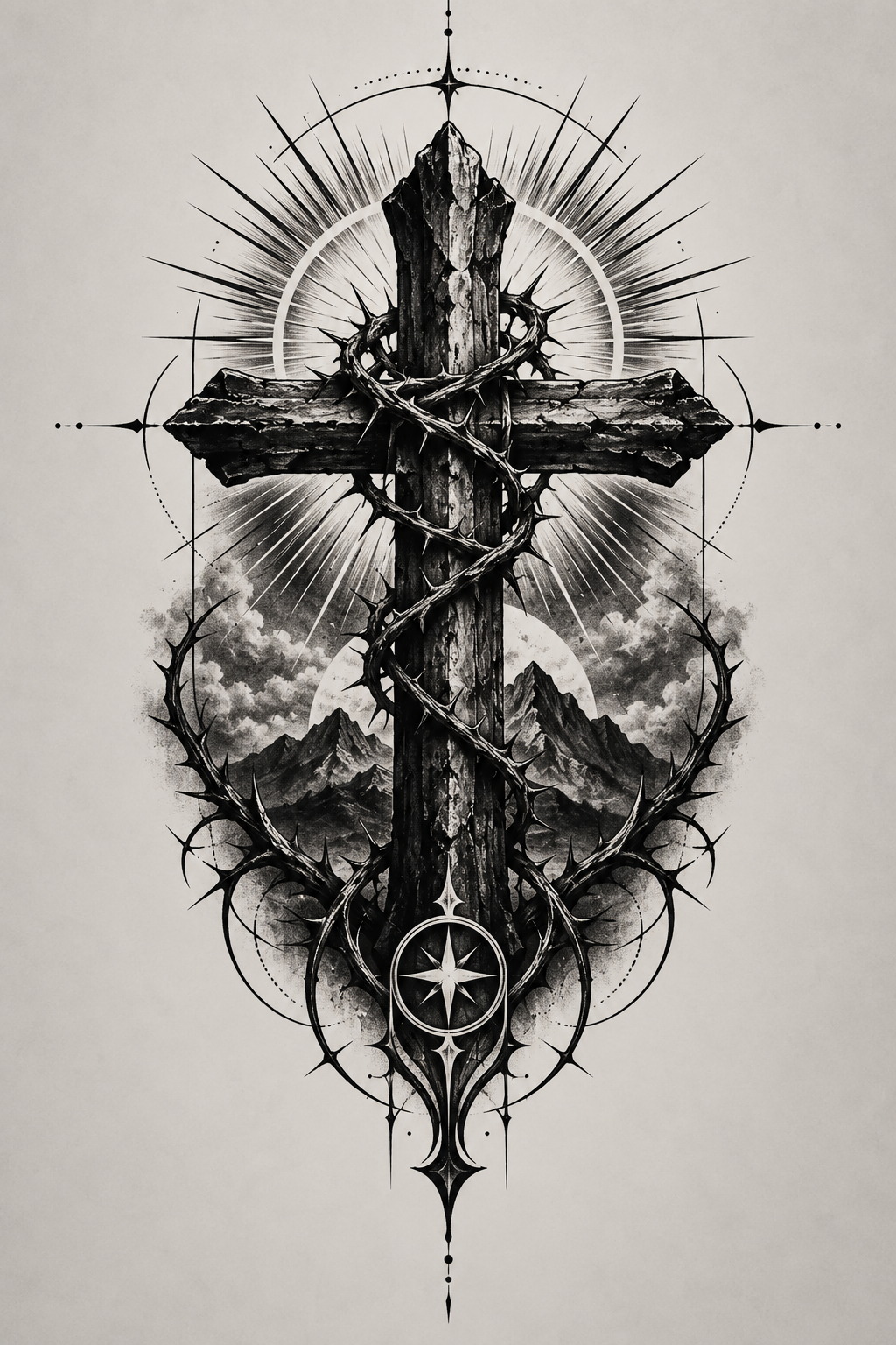 dramatic blackwork Christian tattoos for men