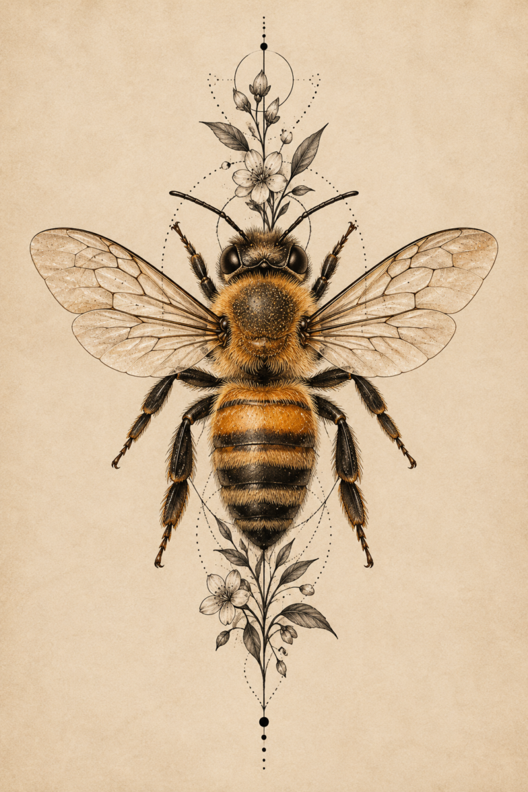 Realistic honey bee tattoo with botanical detail