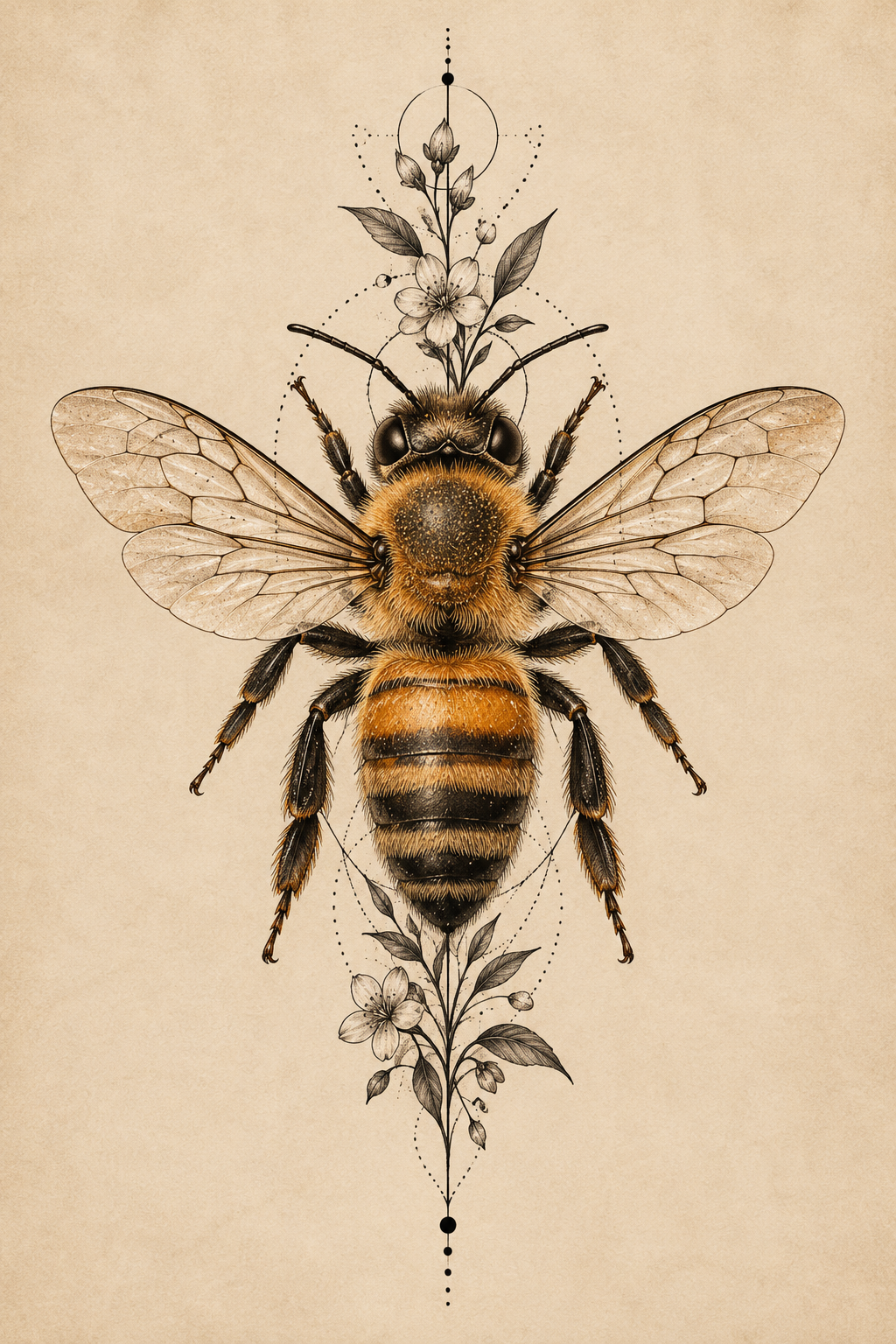 Realistic honey bee tattoo with botanical detail