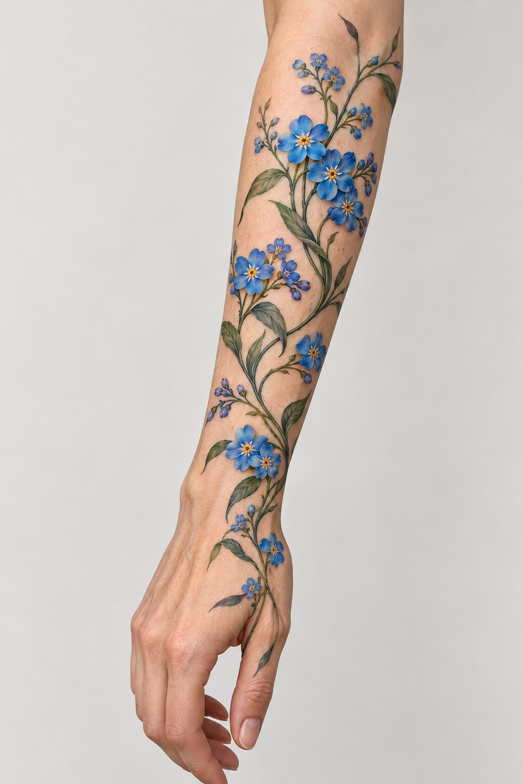 forget-me-not flower tattoo ideas: forearm color study