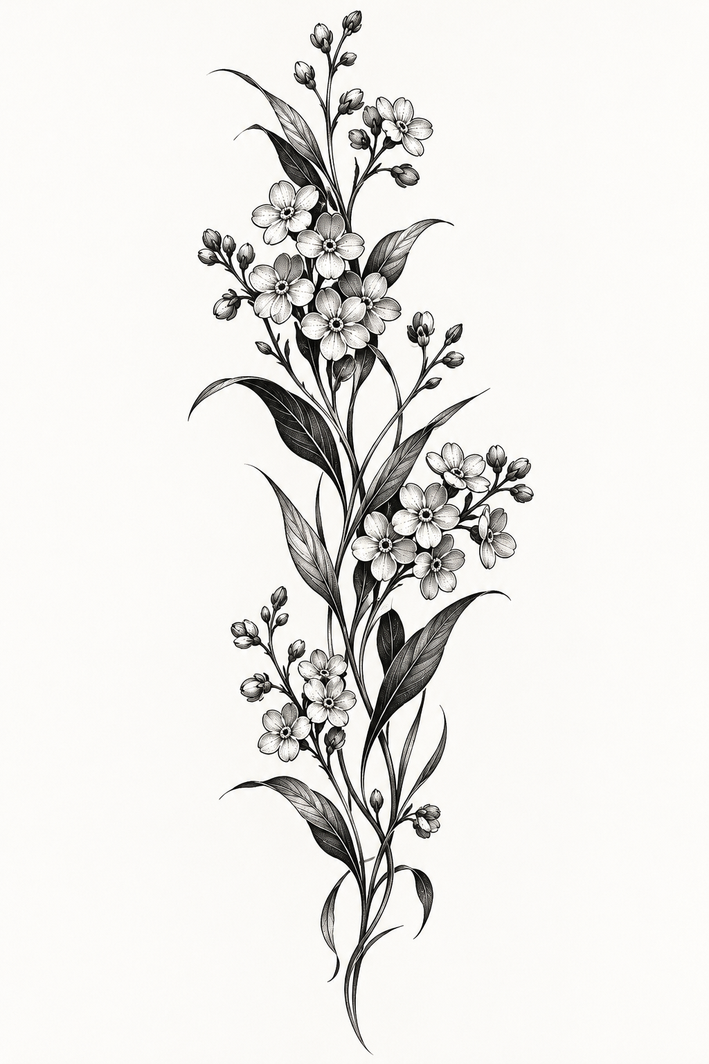 forget-me-not flower tattoo ideas: black-and-white arm design