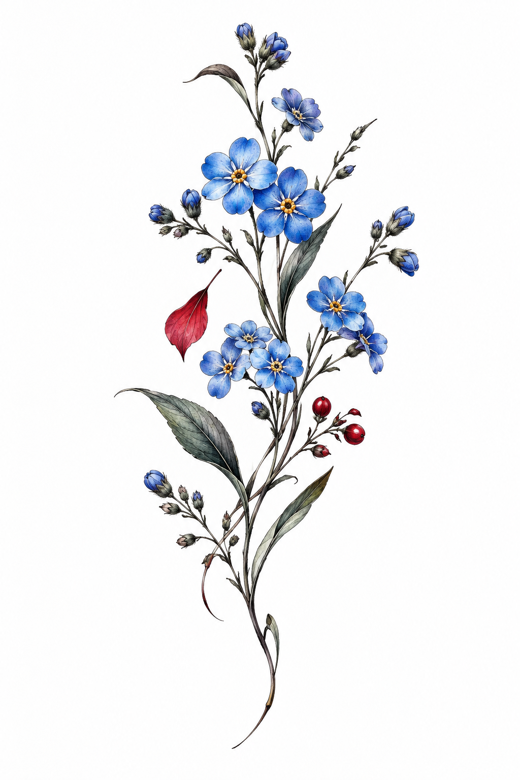 forget-me-not flower tattoo ideas: blue bloom with red accent
