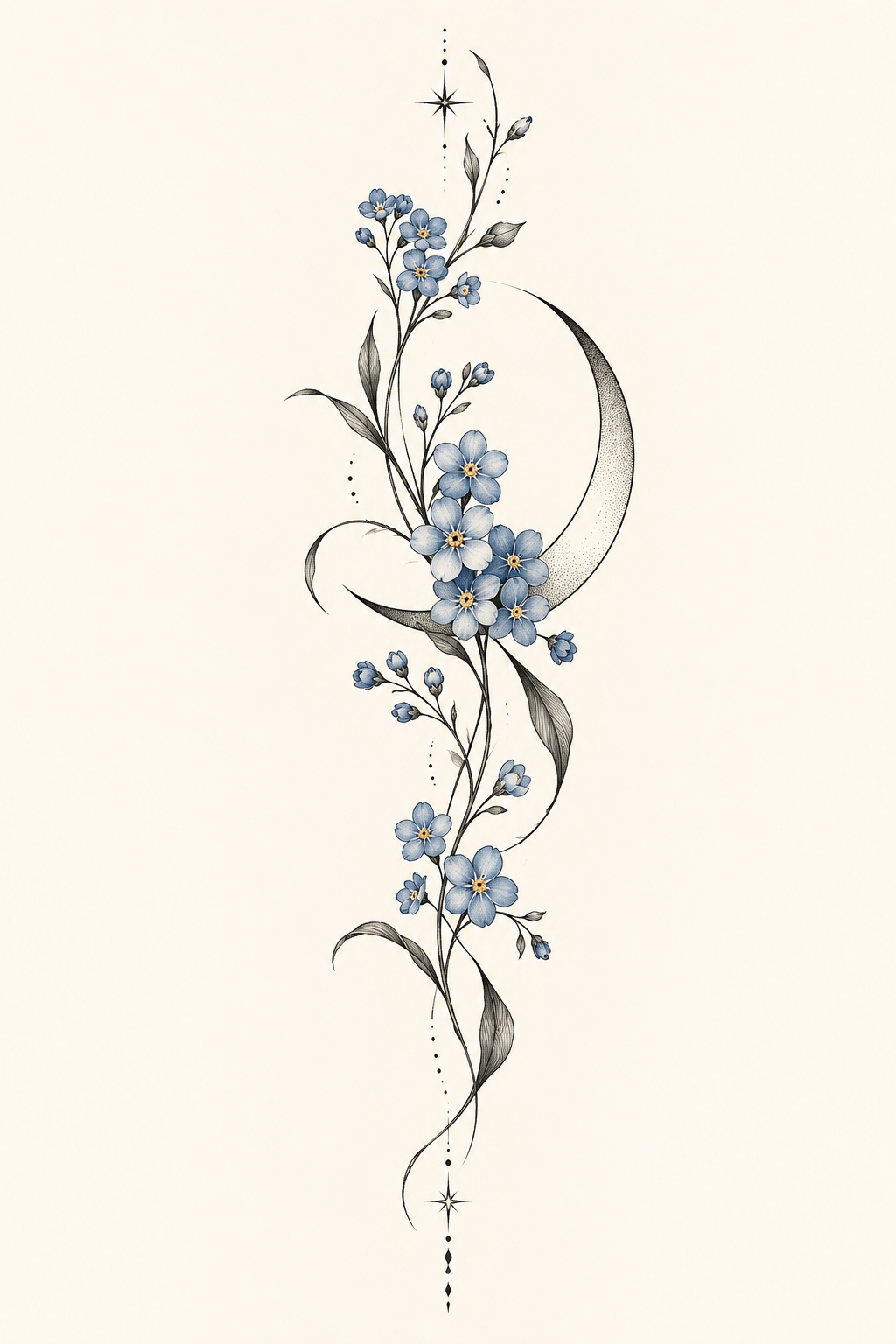 forget-me-not flower tattoo ideas: crescent-moon rib pairing